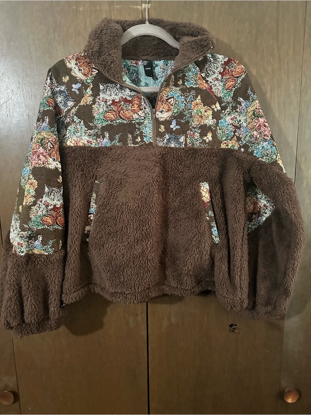 Cider Half-Zip Cafe Brown Sherpa Pullover Tapestry Floral Cat Print Size Large - Picture 4 of 16